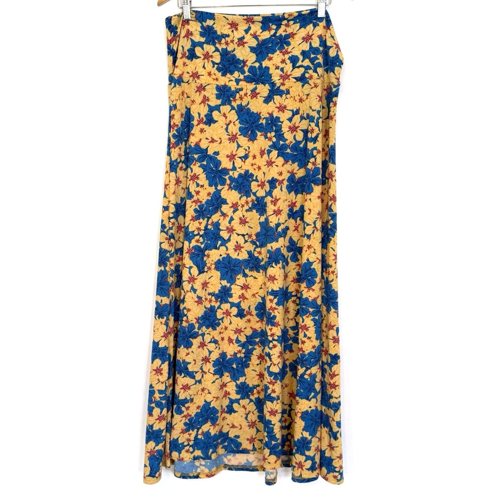 LuLaRoe Womens XL Maxi Skirt Blue Yellow Floral Whimsy Classic Yoga Waist